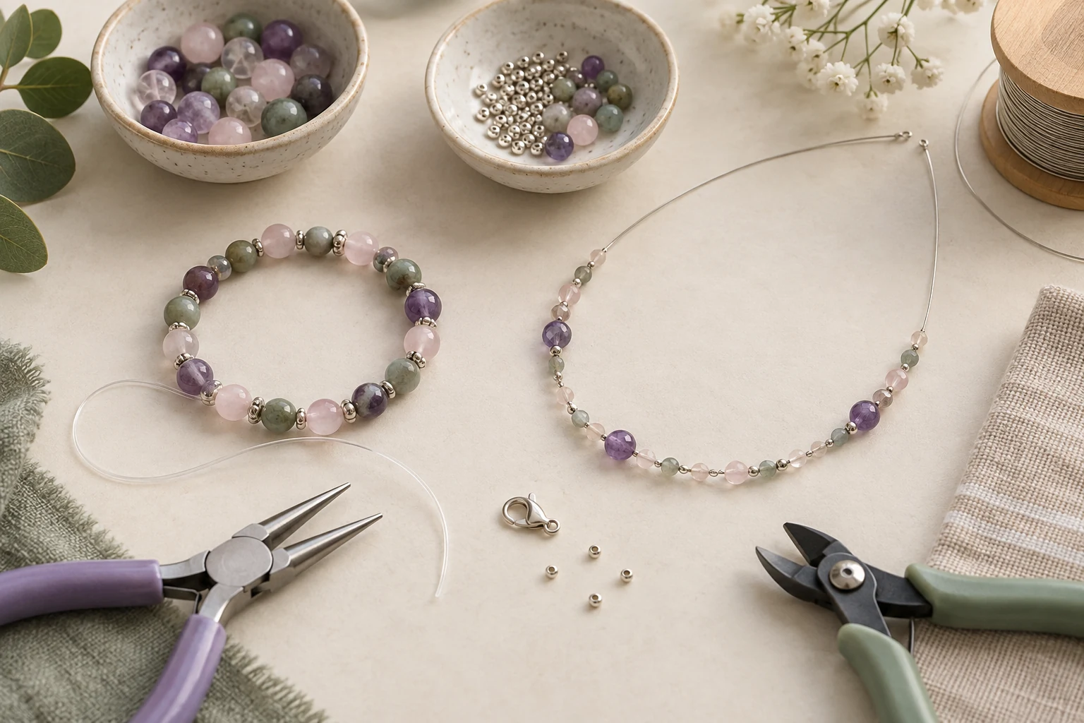 Halbfertiges Perlenarmband in Violett und Naturtönen auf einer Schmuckmatte
