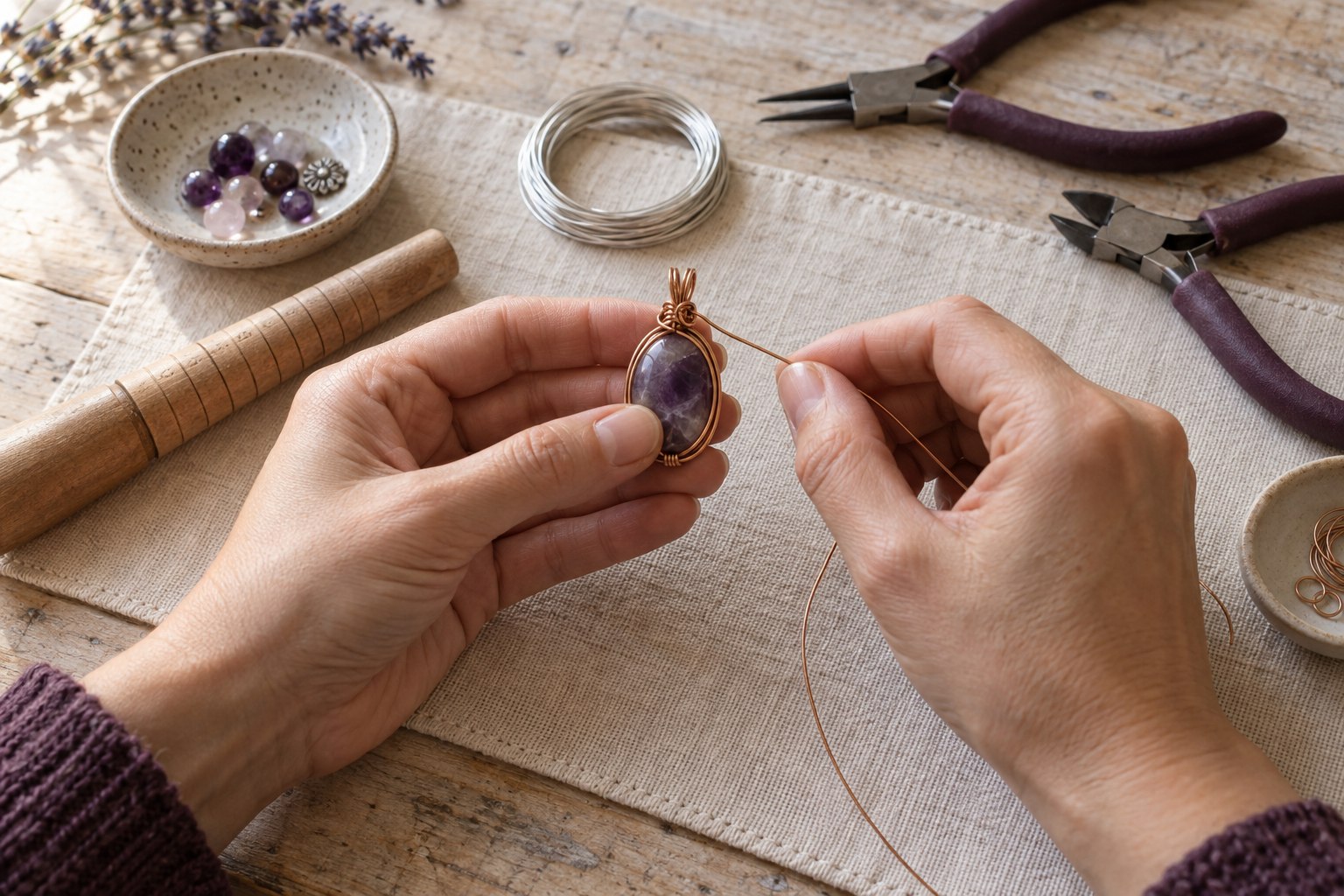 Hände wickeln Kupferdraht kontrolliert um einen violetten Cabochon