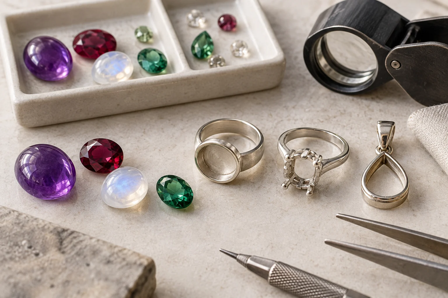 Lose Edelsteine und verschiedene Ring- und Anhängerfassungen neben einer Lupe
