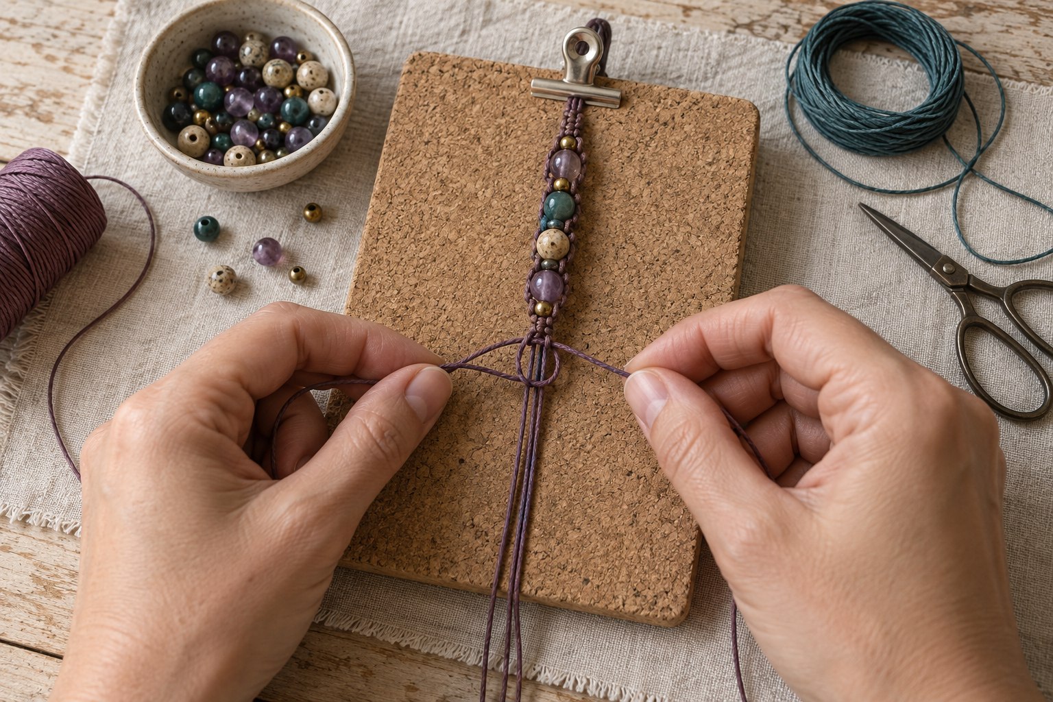 Hände knüpfen ein violettes Makramee-Armband mit Perlen auf einem Korkbrett