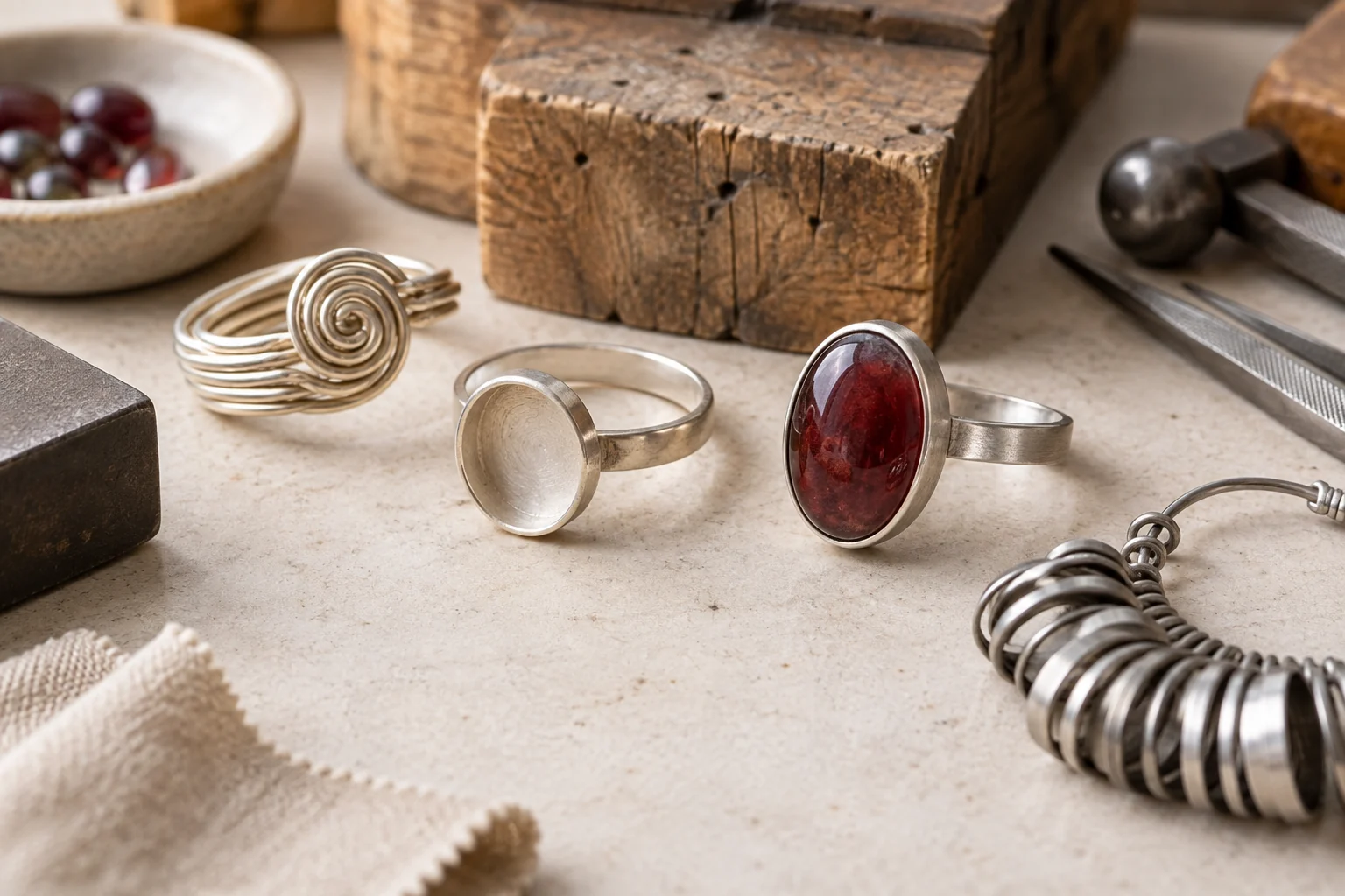 Drahtwickelring, leerer Ringrohling, Cabochonring und Ringmaß an einer Schmuckwerkbank