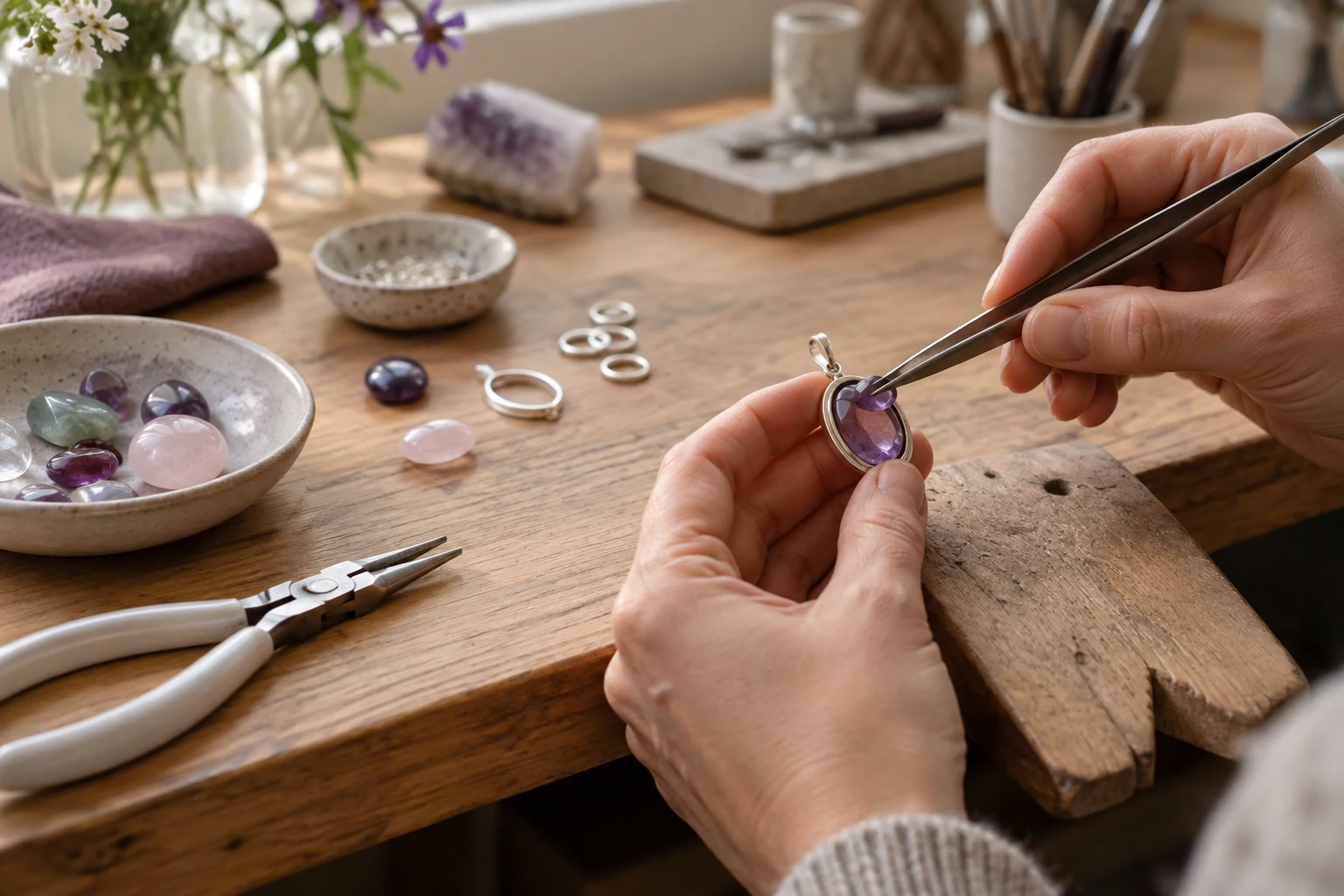 Hände setzen einen violetten Stein in einen silberfarbenen Anhänger an einer hellen Schmuckwerkbank